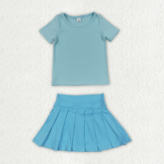 Blue color short sleeve yoga top matching skorts girls summer athletic outfit