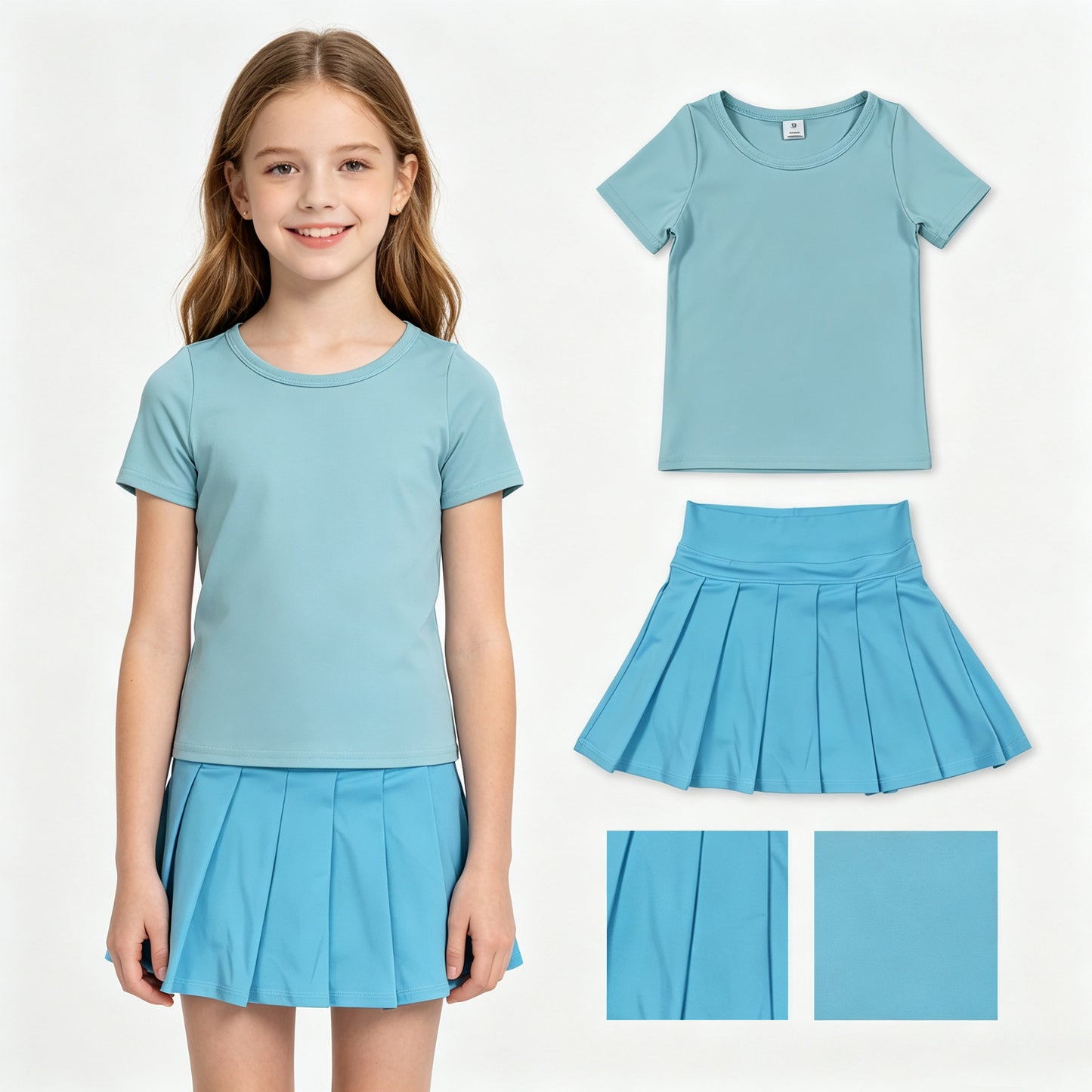 Blue color short sleeve yoga top matching skorts girls summer athletic outfit