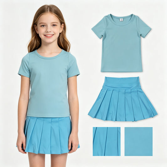 Blue color short sleeve yoga top matching skorts girls summer athletic outfit
