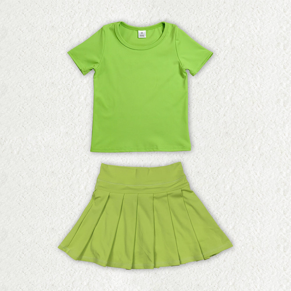 Green color short sleeve yoga top matching skorts girls summer athletic outfit