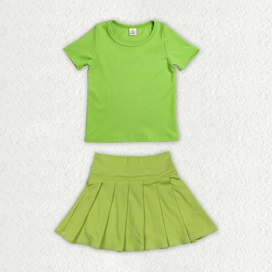 Green color short sleeve yoga top matching skorts girls summer athletic outfit