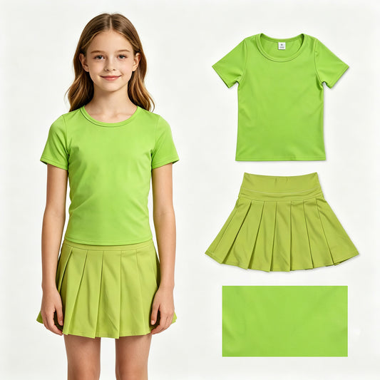 Green color short sleeve yoga top matching skorts girls summer athletic outfit