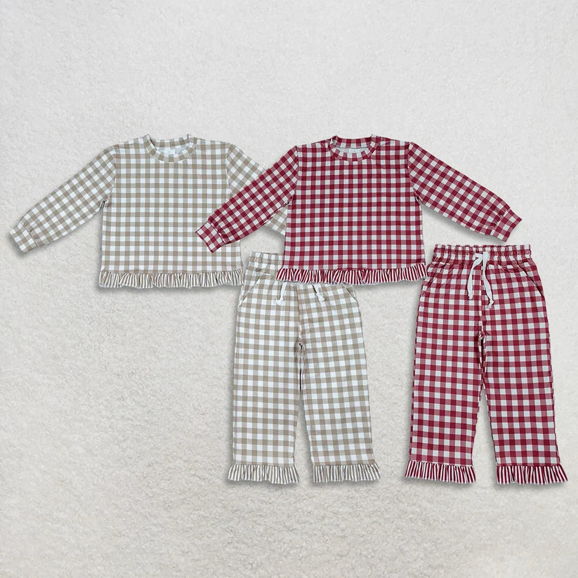 Green plaid long sleeve top matching pants girls outfit