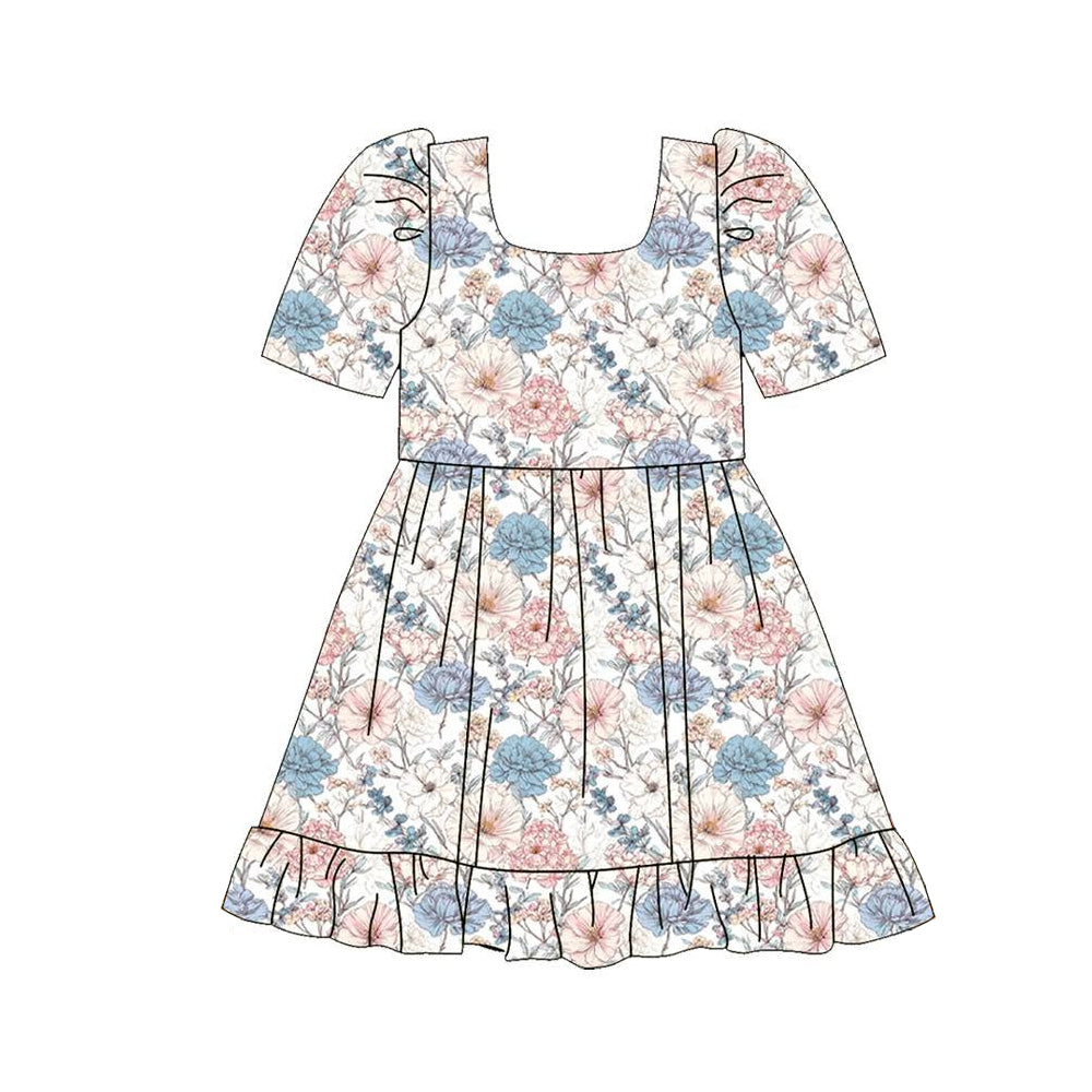 Blue pink flowers girls short sleeve boutique dress preorder
