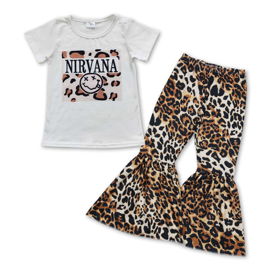 girls short sleeve t-shirt cheetah bell bottoms outfit