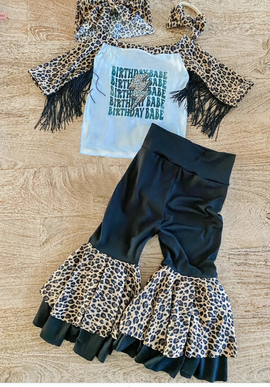 Birthday babe cheetah sleeve top ruffle pants clothes set preorder