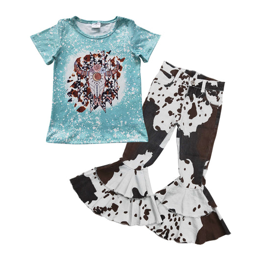 Toddle girls short sleeve top cowhide denim bell bottoms clothes set