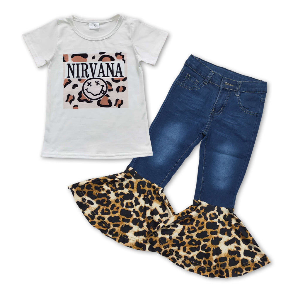 girls milk silk t-shirt cheetah tassel jeans pants outfit