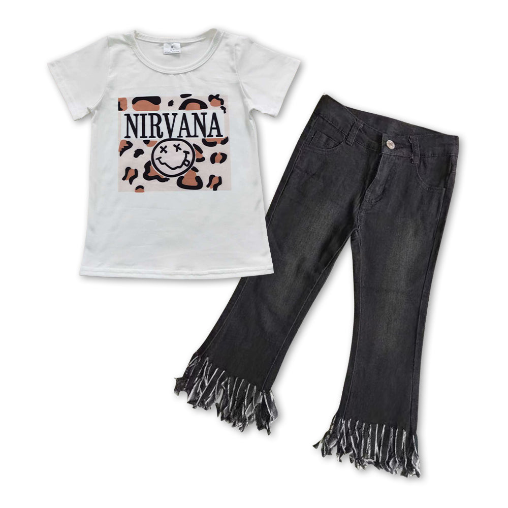 girls milk silk t-shirt black tassel jeans pants outfit