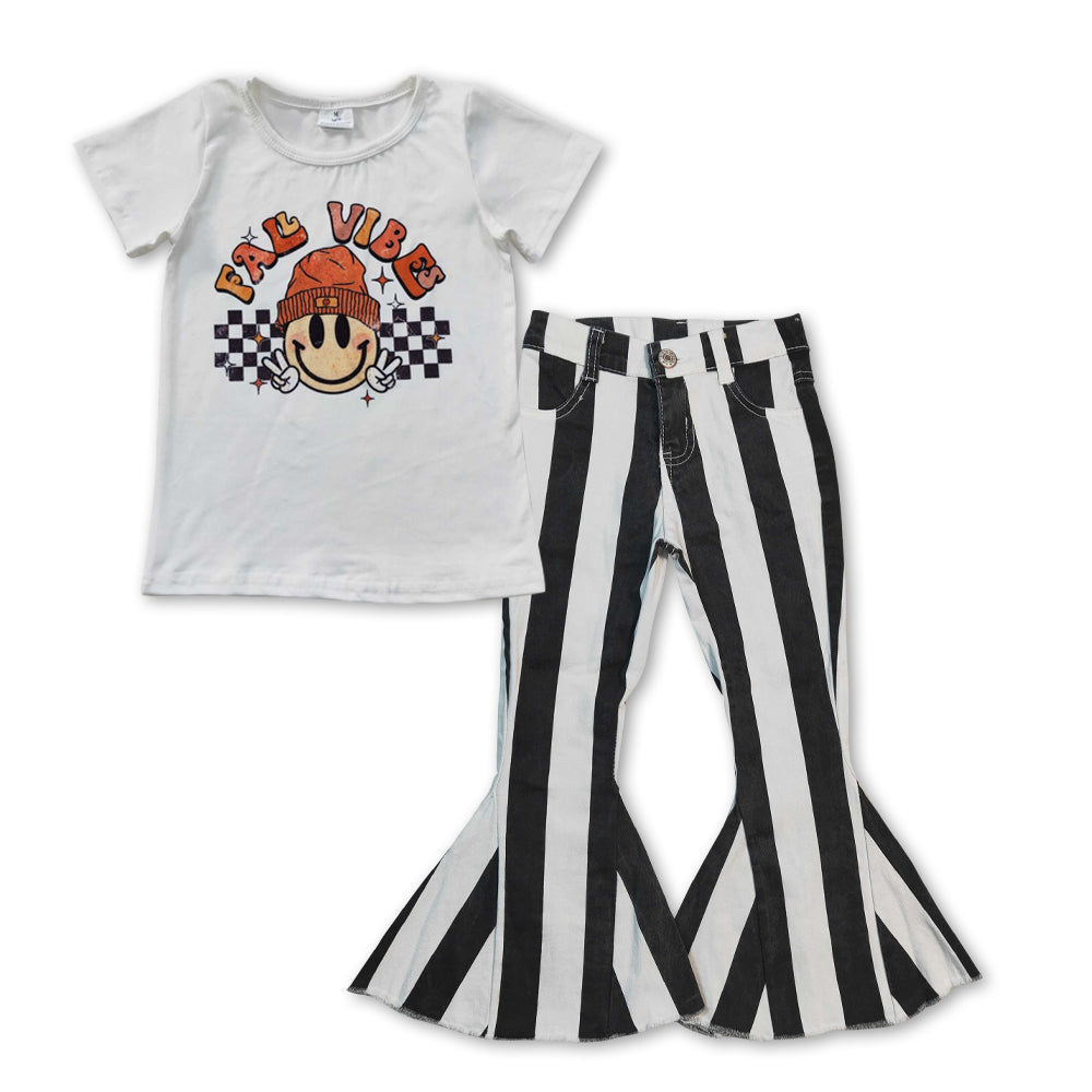 smile face fall top black stripes denim pants clothes set