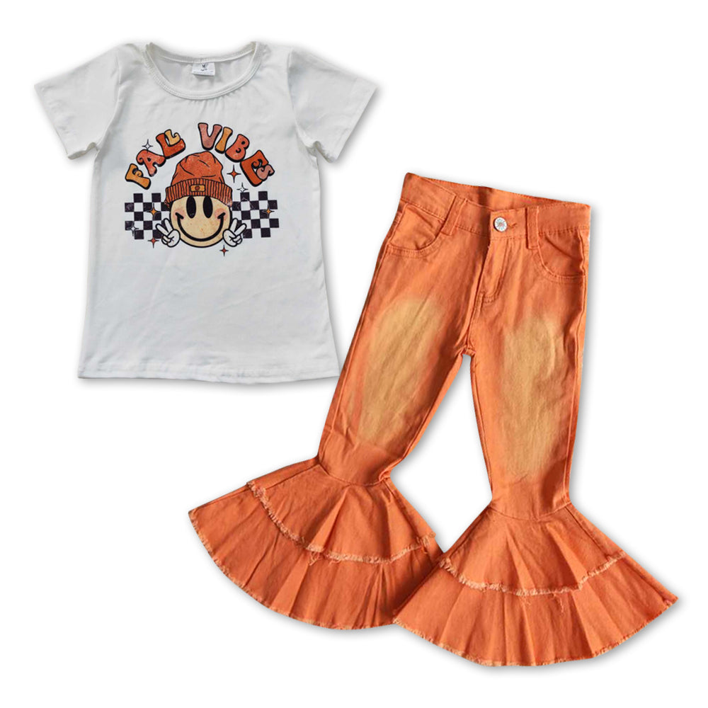 smile face fall top orange bleach denim pants clothes set