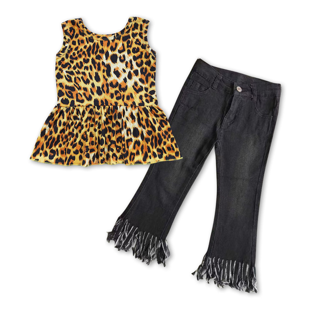 baby girls cheetah top denim pants clothes set