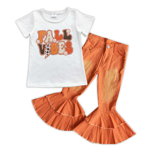 girls short sleeve top orange jeans ruffle  bell bottoms clothing set