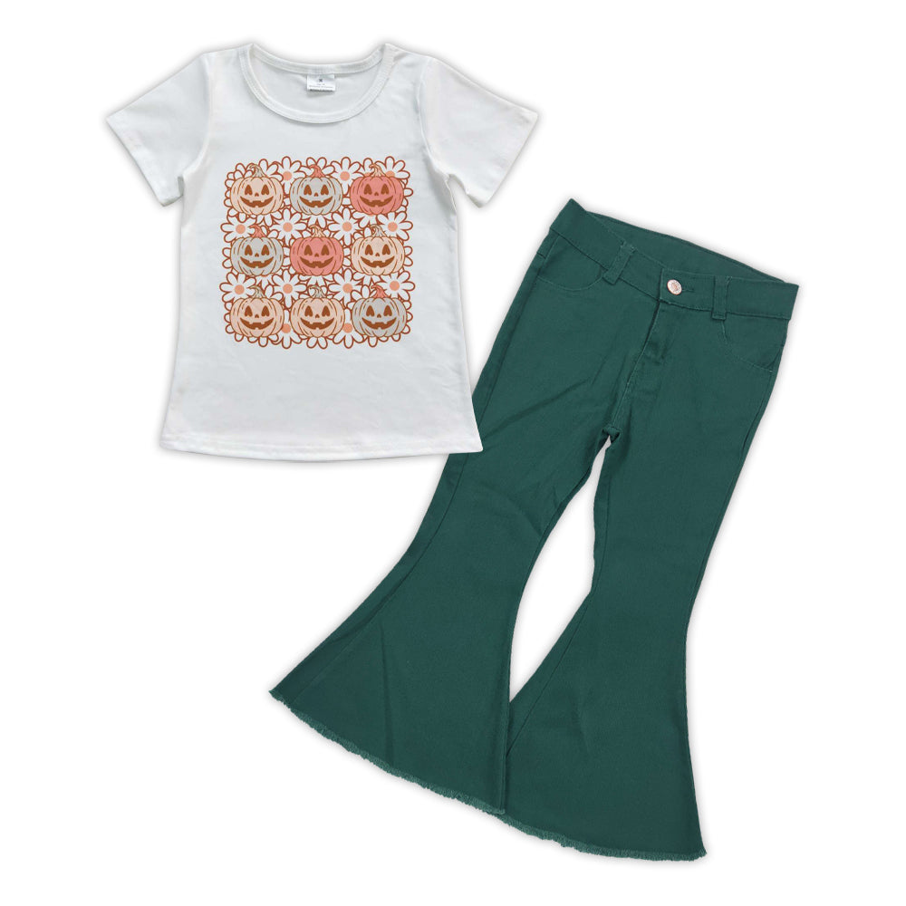 girls short sleeve Halloween pumpkin top green jeans pants outfit