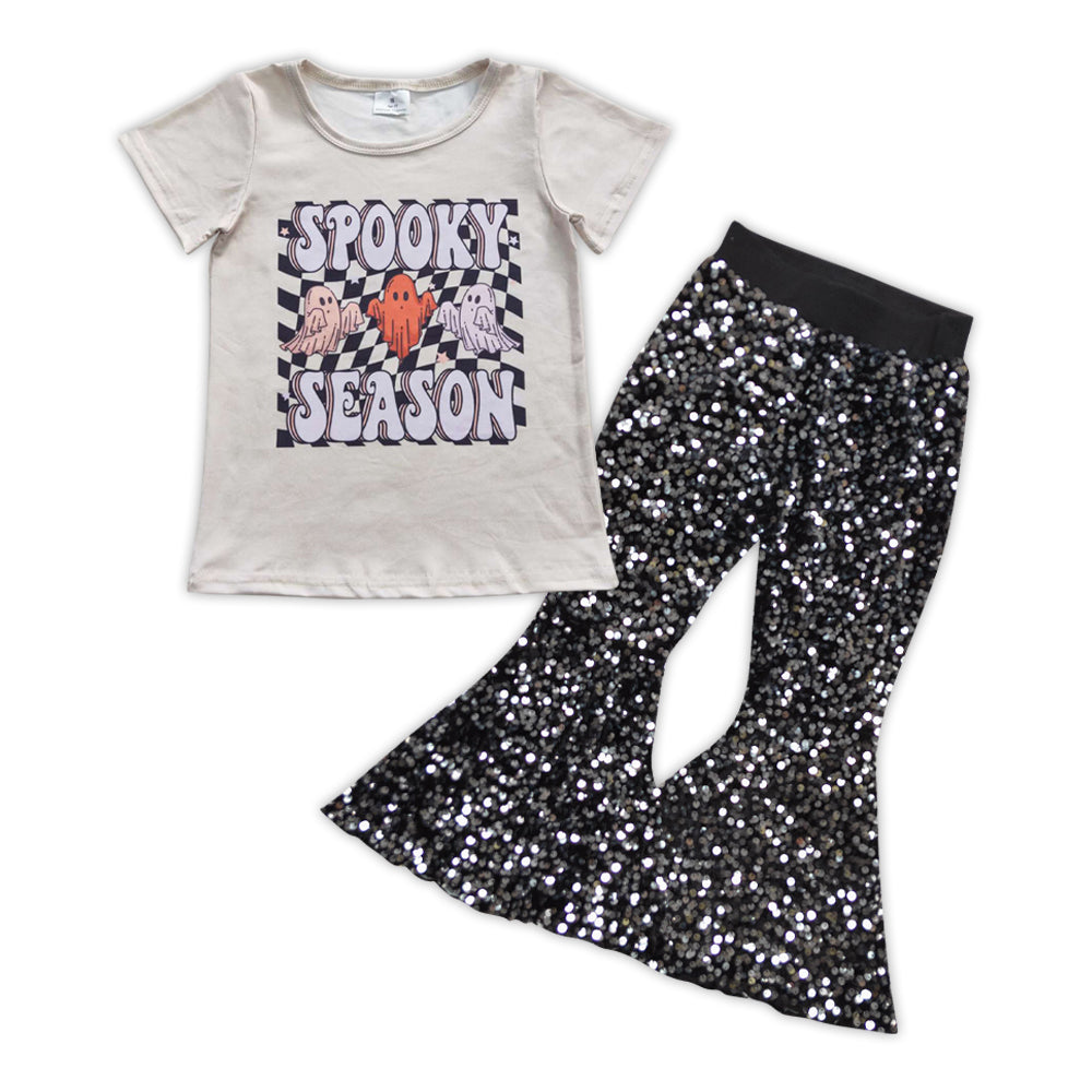 Halloween spooky season t-shirt black sequins bell bottoms 2pcs clothing set