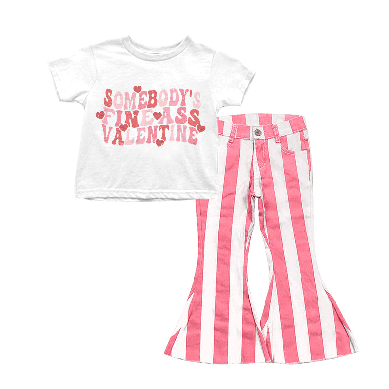 girls Valentines day short sleeve t-shirt pink stripes jeans bell bottoms clothes set preorder