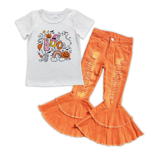 Halloween boo ghost top orange distressed jeans bell bottoms outfit