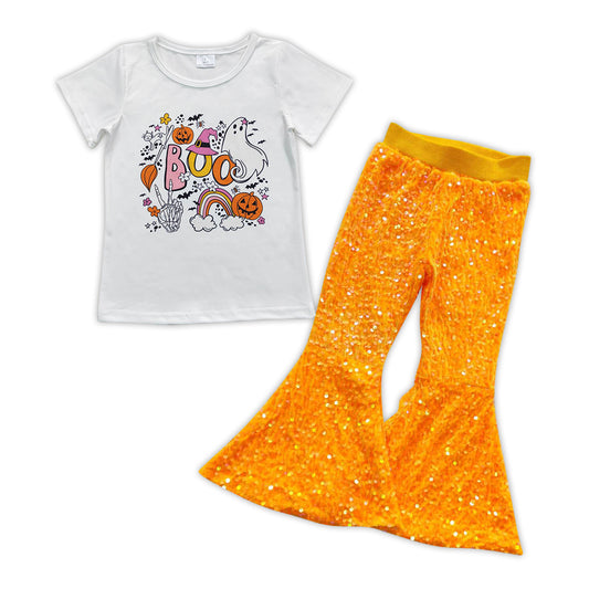 Halloween ghost top orange sequins bell bottoms outfit