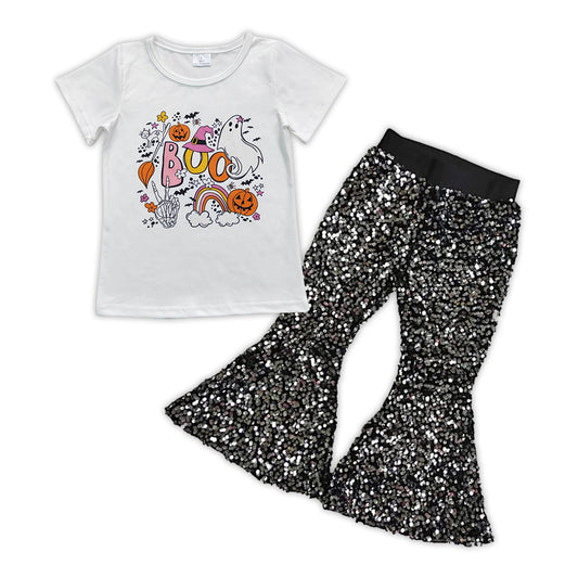 Halloween ghost top black sequins bell bottoms outfit