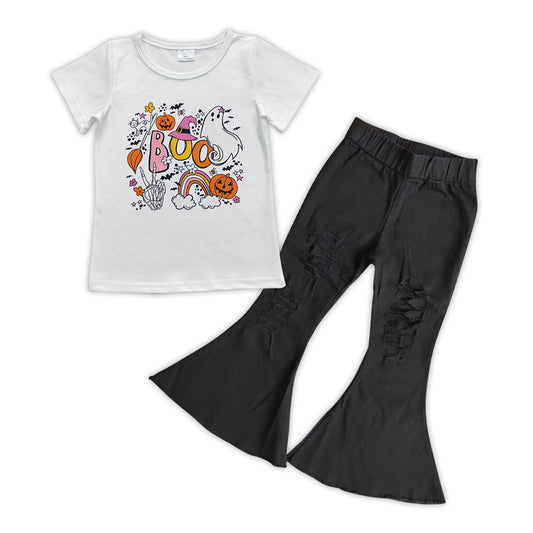 Halloween boo ghost top black jeans bell bottoms outfit