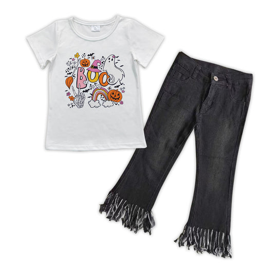 Halloween boo ghost top black tassel jeans bell bottoms outfit