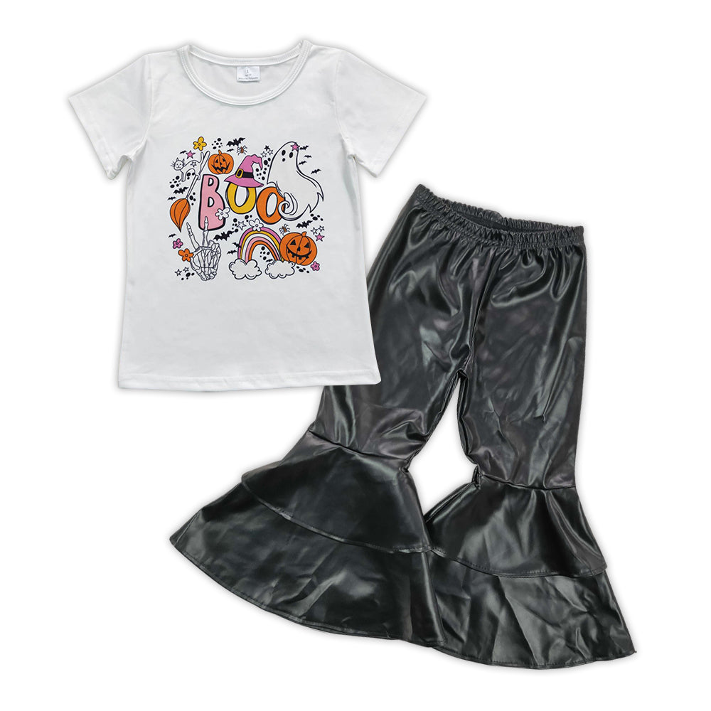 Halloween ghost top black leather bell bottoms outfit