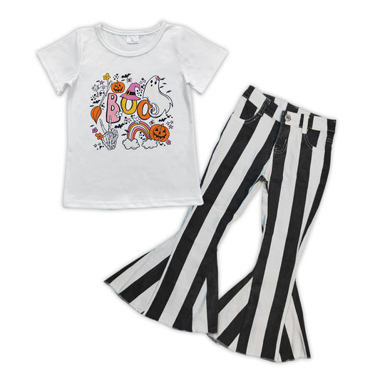 Halloween boo ghost top black stripes jeans bell bottoms outfit