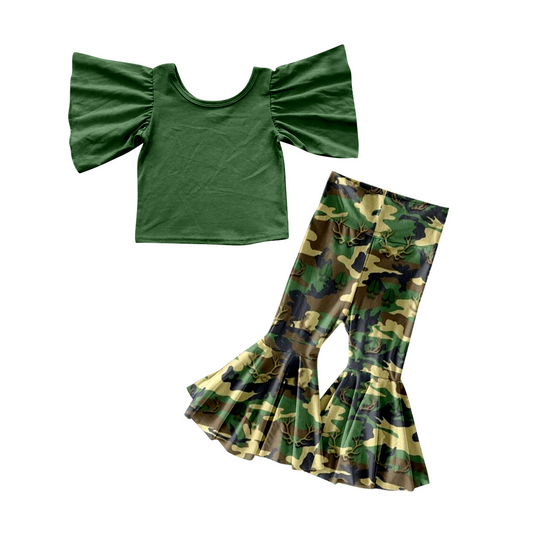 baby girl short sleeve green top camo bell bottoms outfit preorder