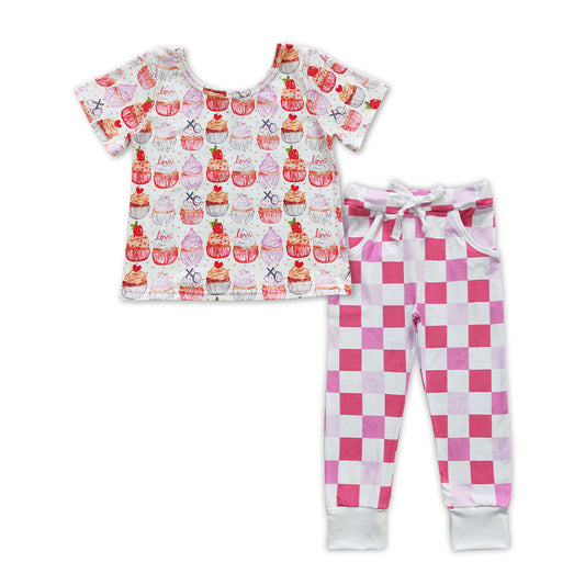 baby girls cake print top checkered pants Valentines day outfit