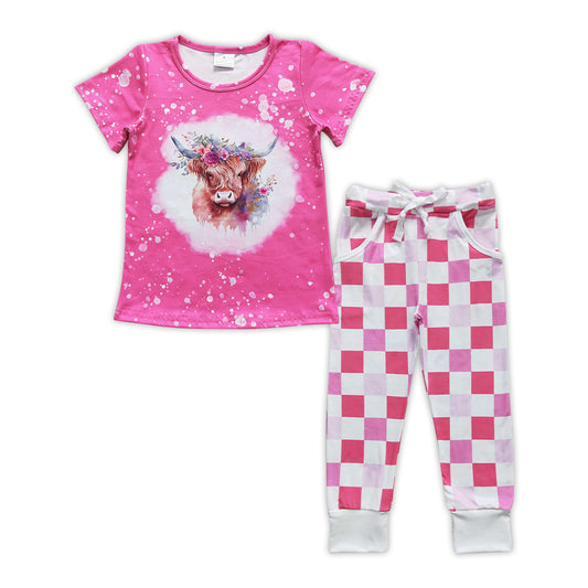 floral highland cow top checkered pants outfit