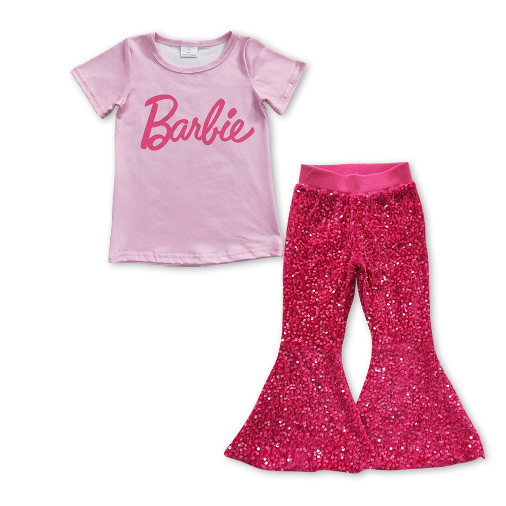 girls pink doll short sleeve top matching sequins bell bottoms outfit