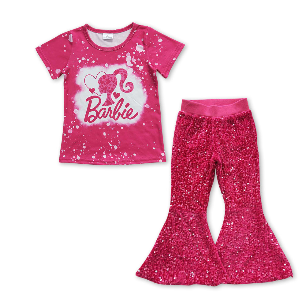 pink doll top matching sequins bell bottoms outfit