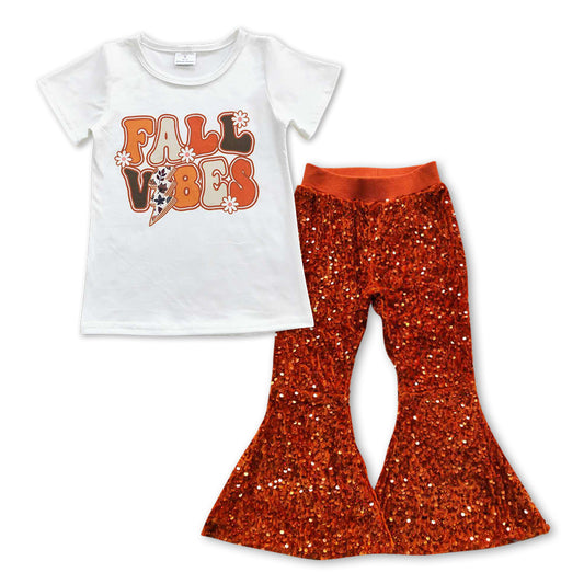 girls short sleeve fall top sequins bell bottoms pants outfit