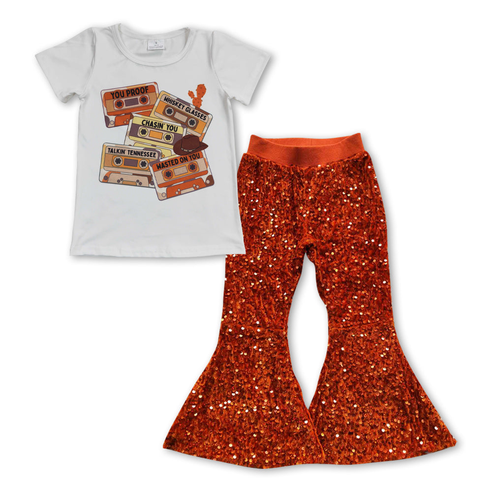 girls short sleeve music top sequins bell bottoms pants outfit