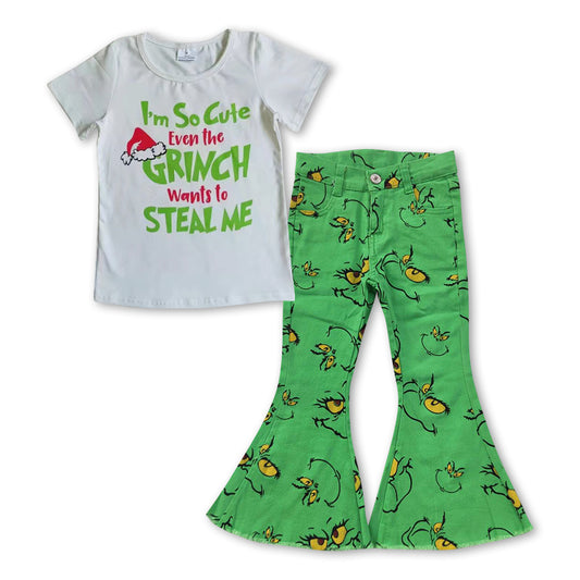 baby girls Christmas top green jeans pants outfit