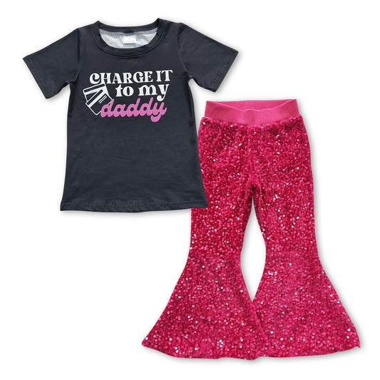 Charge it to my Daddy top hot pink sequins bell bottoms outfit