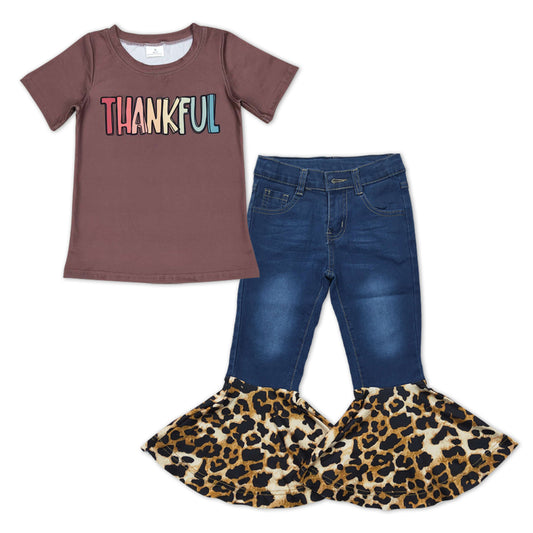 Thankful top leopard ruffle jeans bell  bottoms outfit