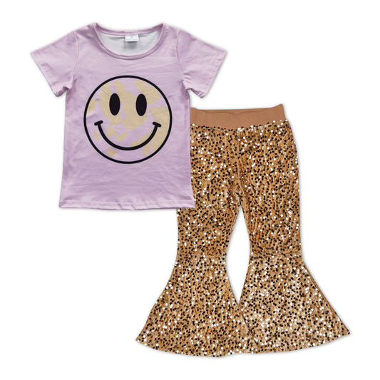 girls smile face top khaki sequins bell bottoms outfit