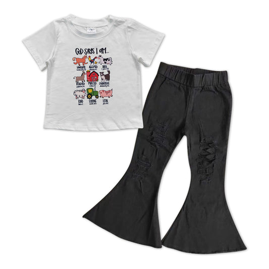farm animal top black distressed jeans bell bottoms outfit