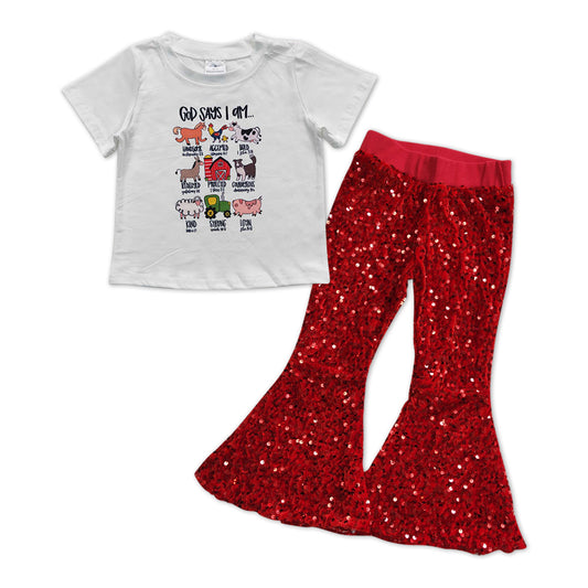 farm animal top red sequins bell bottoms outfit