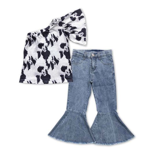 one shoulder cow top jeans bell bottoms outfit