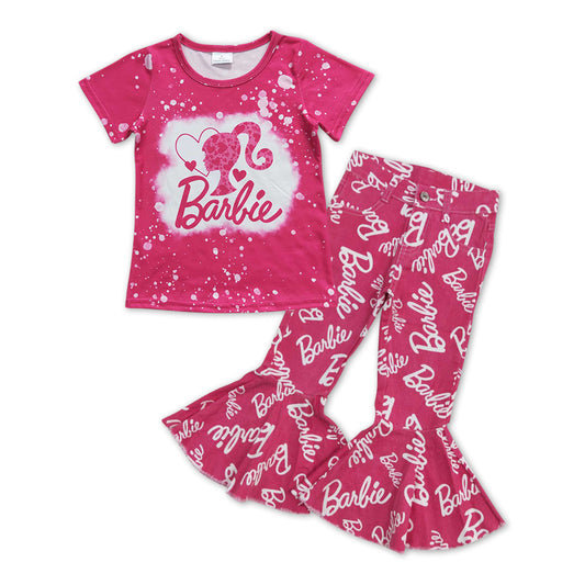 hot pink doll  top ruffle pink denim bell bottoms outfit