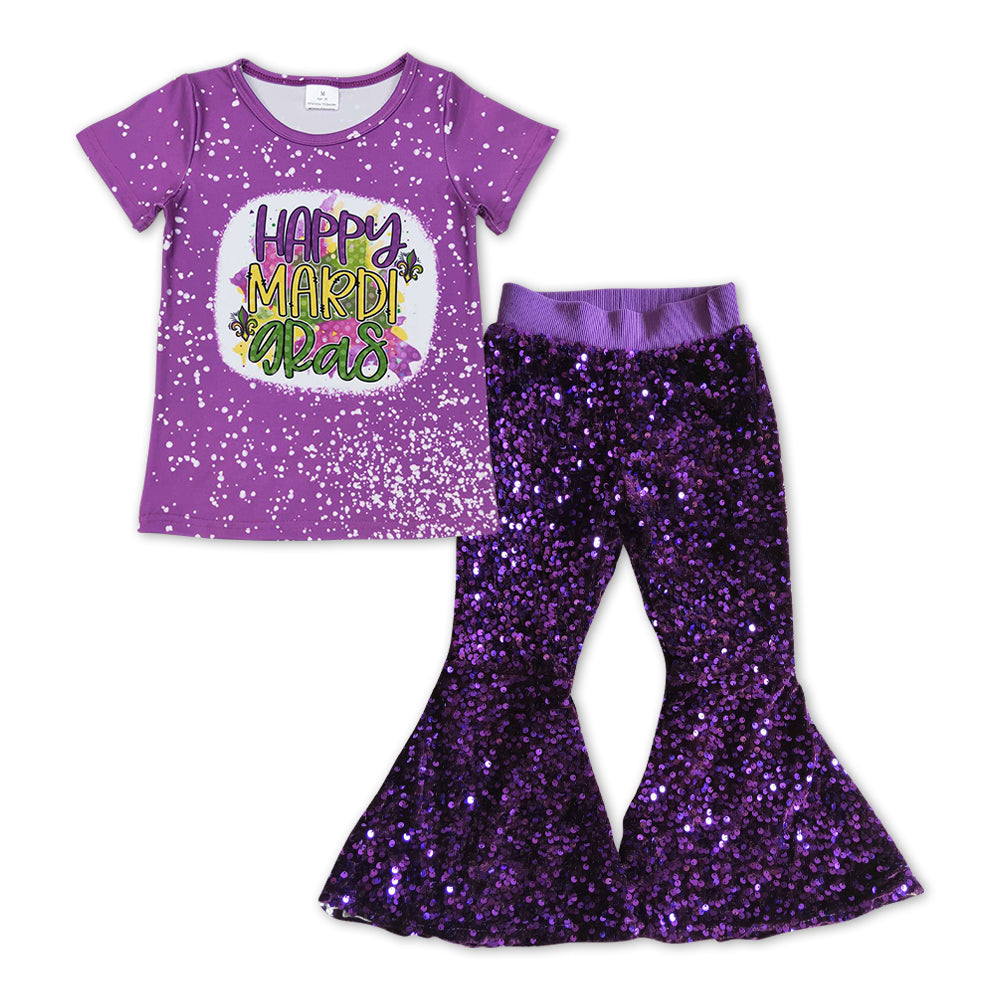 happy Mardi Gras top purple sequins bell bottoms outfit