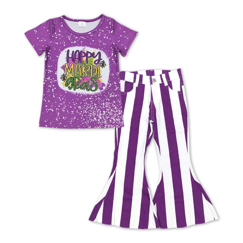 Happy Mardi Gras top purple stripes jeans bell bottoms outfit