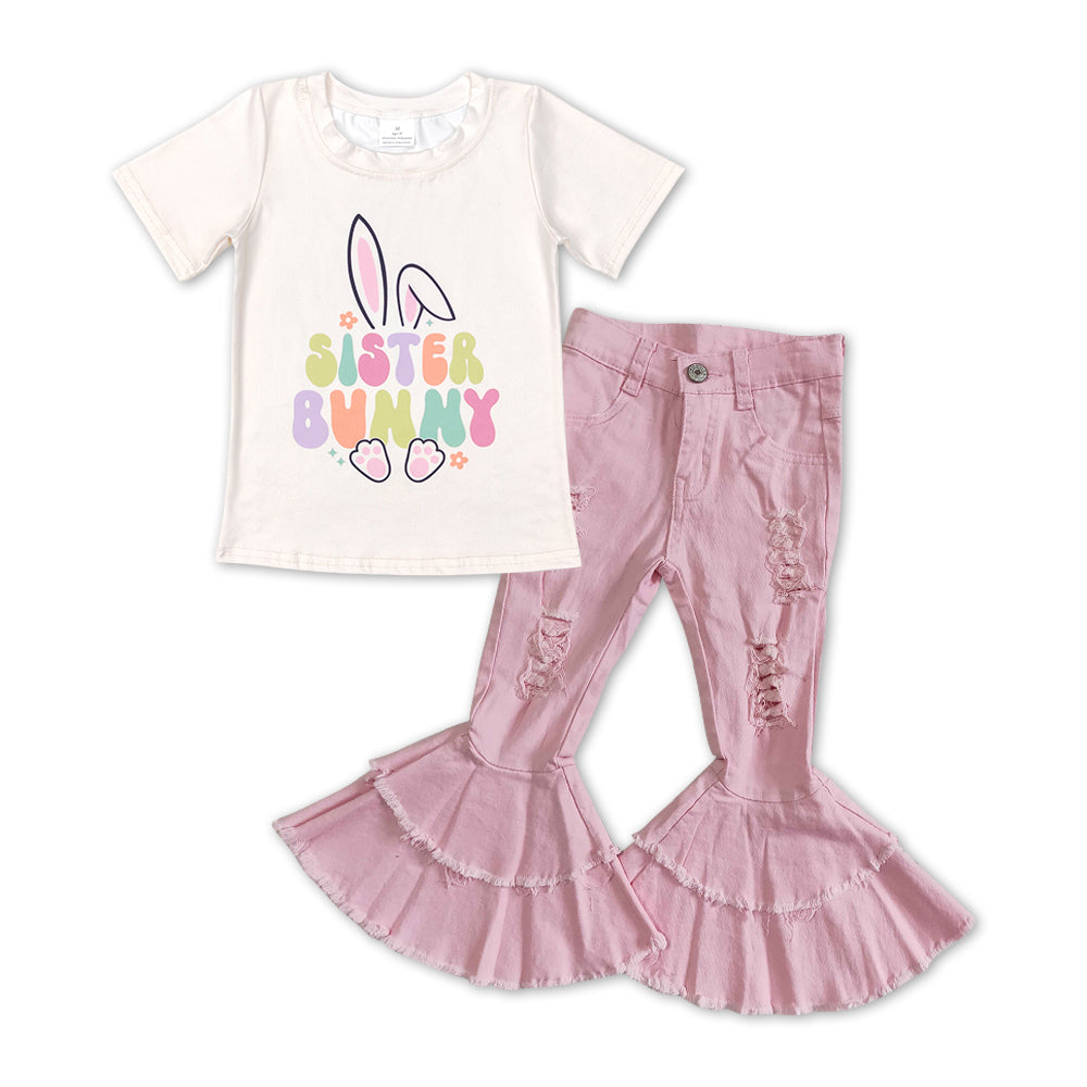 sister bunny Easter top pink distressed jeans bell bottoms outfit