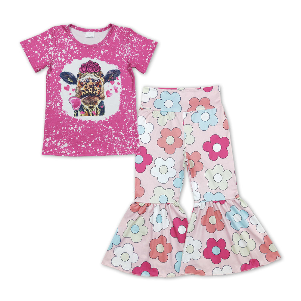 girls cow heart top flower bell bottoms outfit