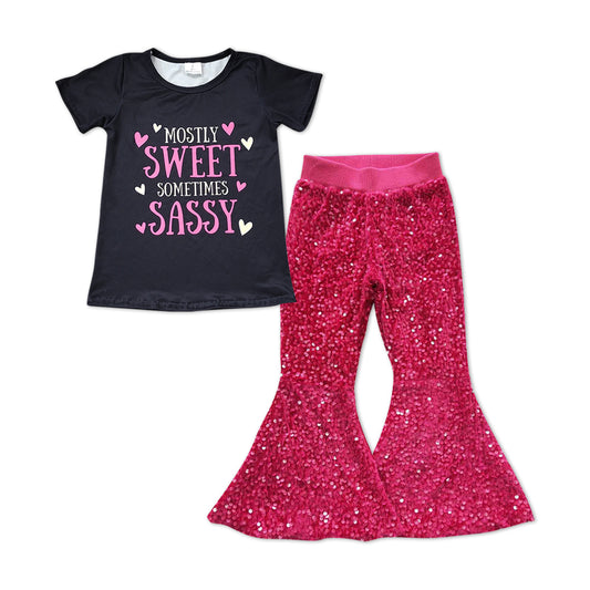 mostly sweet sometimes sassy top hot pink sequins bell bottoms outfit