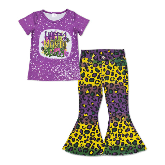 Happy Mardi Gras shirt cheetah jeans bell bottoms outfit