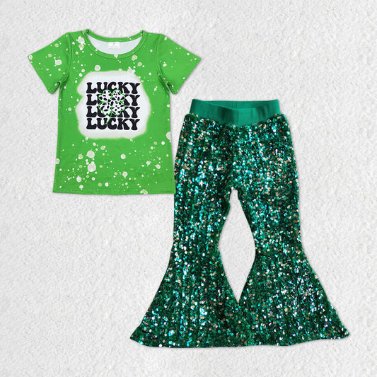 Saint Patrick's Day lucky shirt green sequins pants outfit