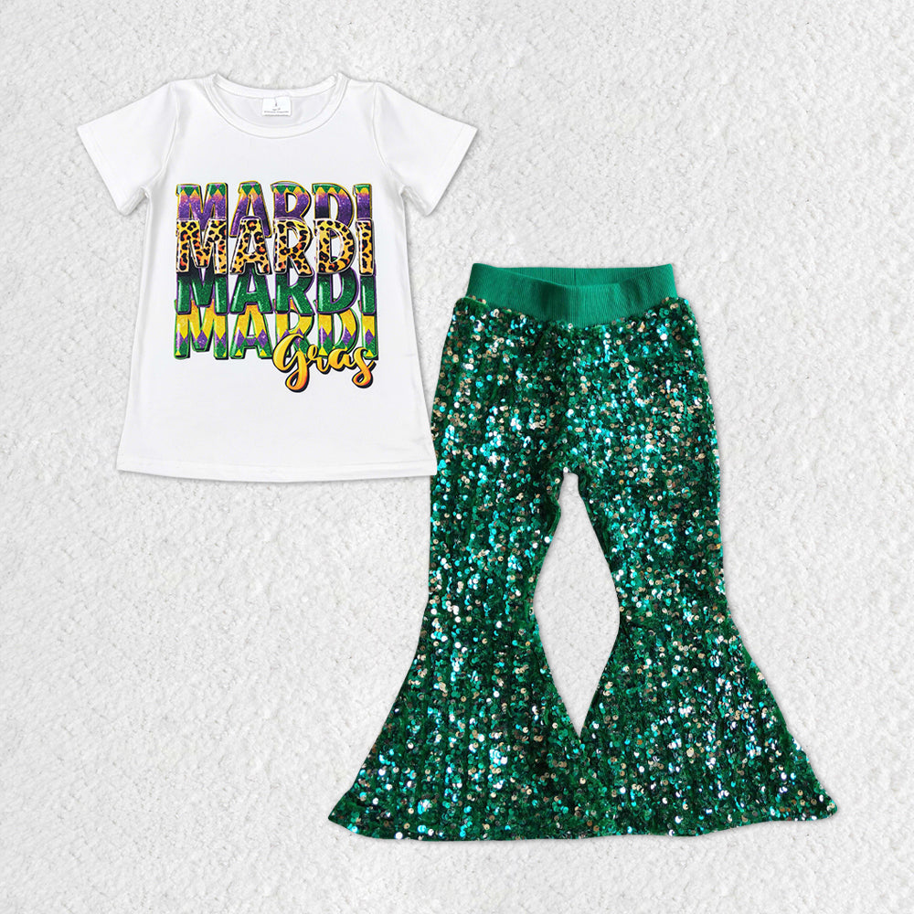 Mardi Gras shirt green sequins bell bottoms outfit